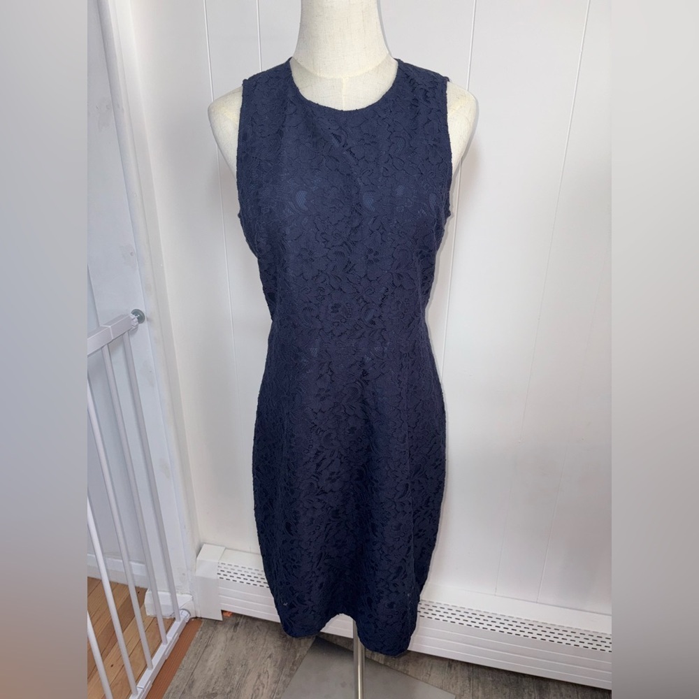 J. Crew Factory Navy Blue All Over Floral Lace Sheath‎ Knee-Length Dress Size 6